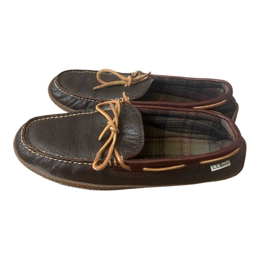 L.L.Bean Men’s Handsewn Leather Moccasin Slippers Brown Flannel Lined Size 10